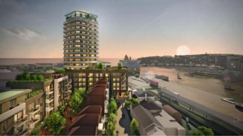 CGI image showing a planned 18-storey tower block in Newhaven surrounded by houses and the sea in the background