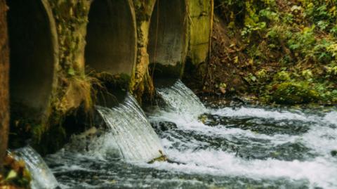 Water flowing out of three concrete pipes into river