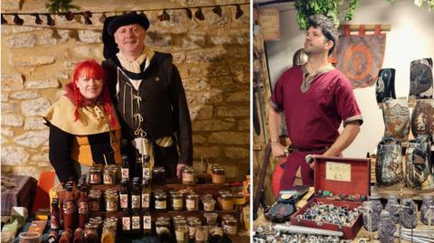 A composite image showing two photographs side by side. The first shows a man and a woman dressed in medieval-style clothing and standing behind a stall covered with jars of jam and preserves. The woman has bright red hair. The second image shows a man with short black hair dressed in a red medieval-style smock and looking up into the distance. He is standing next to a display of medieval-style shields, statuettes, banners and rings.