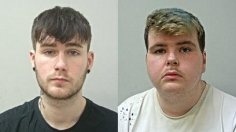 The mugshots of Thomas Bates, who has dark hair with a fringe and black earring, and James Palmer, who has dark hair with bleached sections and a short moustache.