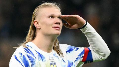 Erling Haaland celebrates scoring against Italy in Norway's final World Cup qualifier