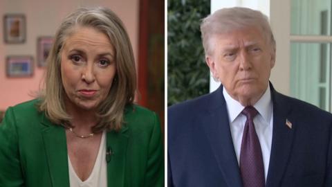 A BBC composite image of Sarah Smith and US President Donald Trump