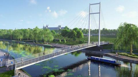 Mock-up image of the bridge over the river with people walking across it, Peterborough Cathedral is in the background.