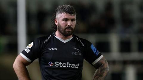 Newcastle centre Sammy Arnold with hands on hips during a match at Kingston Park