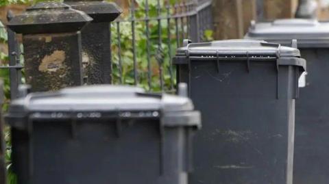 A row of grey bins standing on a street, against the backdrop some railings