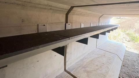 A ledge built in a culvert which is designed to provide a safe passage for mammals underneath a road. The culvert is brand new and there is no water in it. At the end a mound of earth is visible. It is a sunny day.