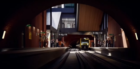 CGI image of a train pulling out of a tunnel and up to the platform at the planned Baltic station in Liverpool