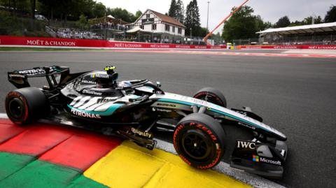 Mercedes' Kimi Antonelli goes around the La Source corner during Belgian Grand Prix qualifying