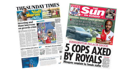 The headline on the front page of the Sunday Times reads: “Streeting and Hunt intervene on growth crisis”. The headline on the front page of the Sun reads: “5 cops axed by Royals”.