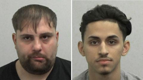 Mugshots of two men. Marian Spirache on the left has thinning brown hair pulled down into a fringe over his forehead, his mouth is wonky and he has a brown beard. Samoila Vasile has thick black hair swept backwards and a thin black moustache and hair on his chin.