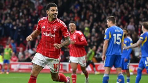 Morgan Gibbs-White celebrates scoring against Leeds for Nottingham Forest