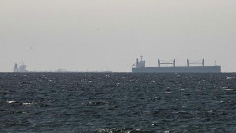 A cargo ship is seen on the horizon in the Gulf, near the Strait of Hormuz
