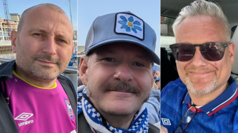 A collage of pictures of Ipswich supporters Paul Munnings, Craig Finbow and Andy Cumbers. 