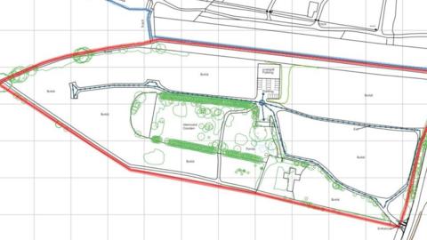 A drawing showing plans, including a red boundary. Some areas have been marked in green within the boundary and the entire drawing is on squares with grey borders.