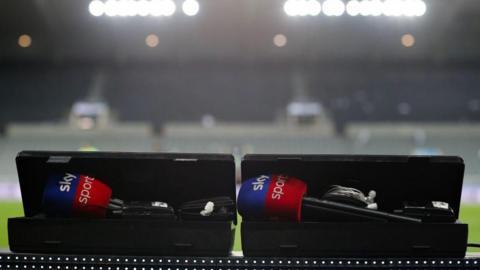 A general view of two microphones with Sky Sports branding