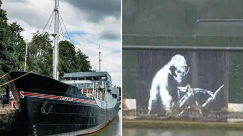 Cargo ship and banksy mural