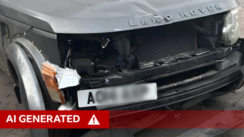 A close-up of the damaged front of a grey Land Rover, with extensive damage to the bumper and lights of the vehicle. A white, partly-blurred number plate is positioned on the left of the bumper.