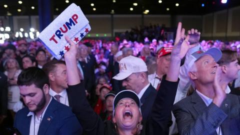 Supporters watch returns at a campaign election night watch party for Republican presidential nominee former President Donald Trump at the Palm Beach Convention Center, Wednesday, Nov. 6, 2024, in West Palm Beach, Fla