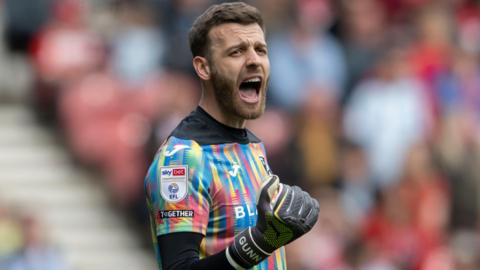 Ex-Norwich goalkeeper Angus Gunn during the game at Middlesbrough on 26 April