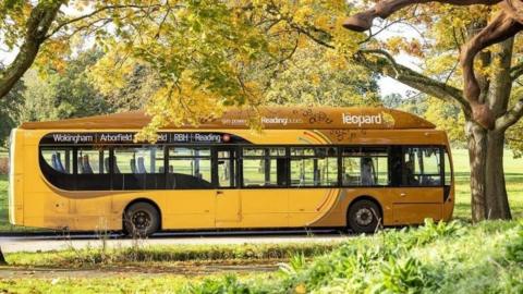 Bright yellow bus with black edged windows on a tree-lined road.