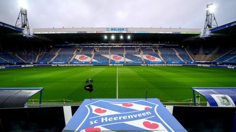 A general view of the inside of Abe Lenstra Stadion in Heerenveen, Netherlands with the floodlights on in October 2025