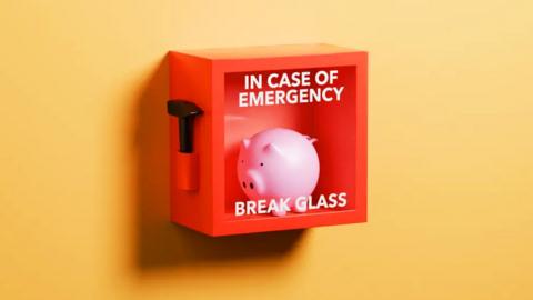 A piggybank in an emergency glass red box on a wall with a hammer on the side of it.