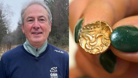 Two images: on the left, Mark Burtonshaw faces the camera, dressed in athletic gear. One right, a small ancient gold coin with five dots across the top in a rectangular frame with an abstract depiction of a horse.