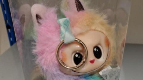 A doll with pink, purple and yellow hair, a gold ring round one of its eyes and a cartoon-style face, with a heart for a nose and big, black eyes. It is wrapped in clear plastic.