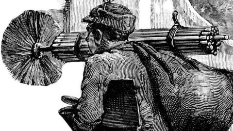 Drawing of a child chimney sweep. He wears a jacket and a hat. He is carrying a brush and a large sack. The image is in black and white.