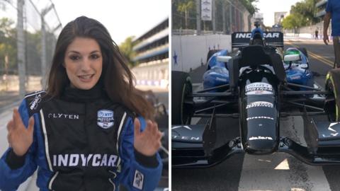 Split screen. Left, Helena Humphrey is seen. Right, a race car is seen.