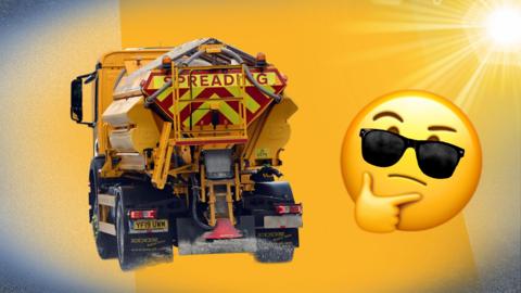 A gritter a bright sun and emoji thinking face wearing sunglasses.