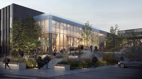 An artist's image of the outside of a leisure centre planned for West Denton in Newcastle