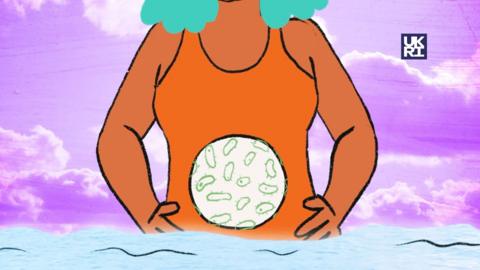 Illustration of a woman's body with a circle on her stomach area representing micro-orgnaisms