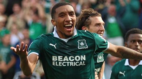 Bradley Ibrahim celebrates scoring for Plymouth Argyle