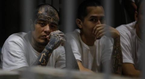 Two men with tattooed arms and wearing white T-shirts are seen behind prison bars