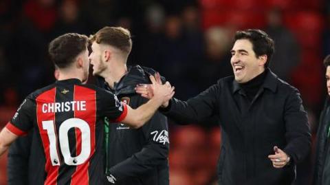 Bournemouth manager Andoni Iraola celebrates their latest victory