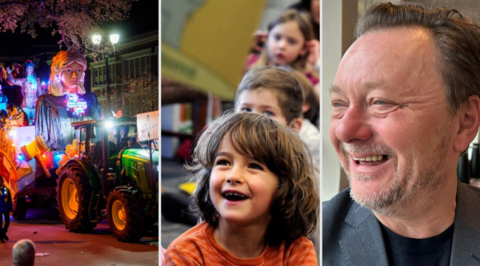 Three images side to side - left, A colourful tractor covered in lights drives between crowds of people; Middle - A group of children are sat on the floor engrossed by a story. The reader is holding out the open book so the kids can see a picture inside. A little girl with brown hair in the front row had a wide, open-mouthed smile; Right - John Niven laughing and looking out of the window in the Birmingham Rep theatre bar