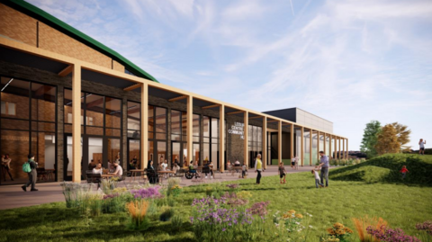 Artist impression of Five Acres leisure centre. It has cream beams outside and big glass paned windows. The building is outside a green lawn area with purple flowers. People are walking and sitting at tables outside.