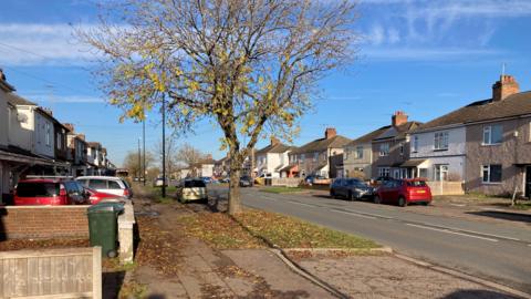 A residential street with houses on either side and parked cars. A tree which has shed most of its leaves is in the centre of the frame on some grass on the pavement.