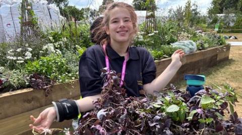 A student wearing a navy blue t-shirt and pink lanyard holds a basket of plants on her knees as she sits in her wheelchair. She is pictured in front of the school's display, which is contained within brown sleepers and has a mixture of plants and vegetables including lavender and artichokes.