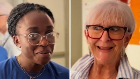 Split screen: Minah wearing glasses and a blue top, smiling and Linda, looking to the side and smiling, wearing stripy shirt.