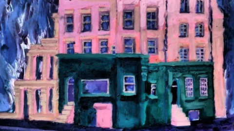 An impressionistic pink and blue painting of a pub
