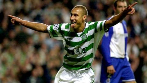 Henrik Larsson celebrates his first goal during the UEFA Champions League game between Celtic and FC Porto at Celtic Park, Glasgow
