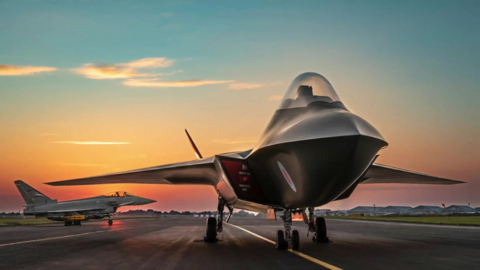 A CGI image of the sleet, silver fight jet parked on a runway. 