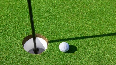 A white golf ball sits on a green golf course.