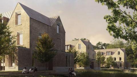 An artist impression of a new student housing site. There are three buildings lined up in rows, and they are made out of brown bricks. There are trees outside the building and in the background.
