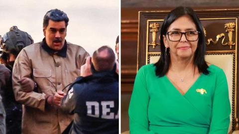 A composite image of Nicolás Maduro and Delcy Rodríguez.
