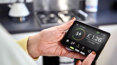 A woman holds a smart meter device whilst standing in a kitchen.