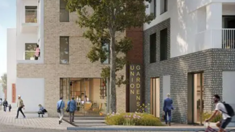 A CGI image of what the development in Union Gardens, Worthing, would look like upon completion. Alongside 216 flats, the proposal includes residents' gardens, a pocket park, and a 236-space car park.