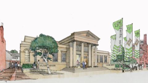 An artist's impression of the Assize Court, but restored. It is a classically designed building, with pillars at the front in the ancient style and Georgian-type windows. The artists impression has more greenery and accessibility in front, with Wiltshire Museum flags.